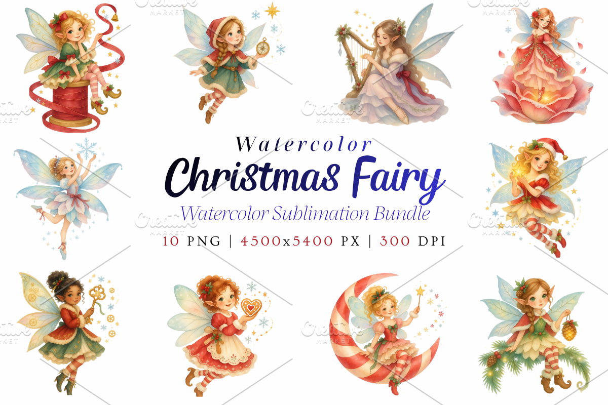 Watercolor Christmas Fairy Cliparts, a Seasonal Illustration by Ink Gallery (Photo 1 of 9)