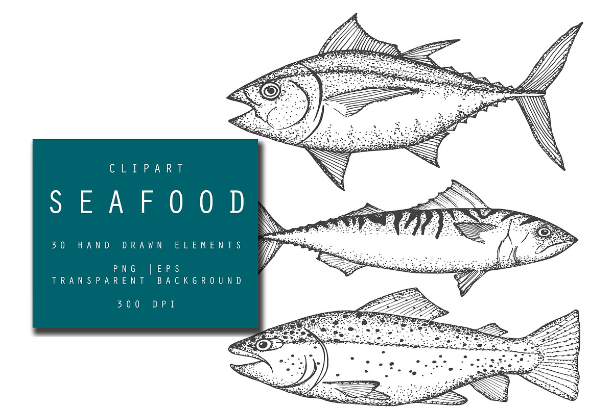 Seafood hand drawn clip art., an Object Graphic by Hand drawn Boutique (Photo 4 of 7)