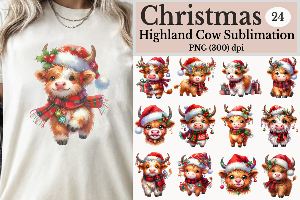 Cute Christmas Highland Cow Clipart, an Illustration by Rose Art (Photo 1 of 5)