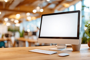 Display screen set up on a wooden desk in a modern, well-lit office environment, a Photo by AlyaAnd