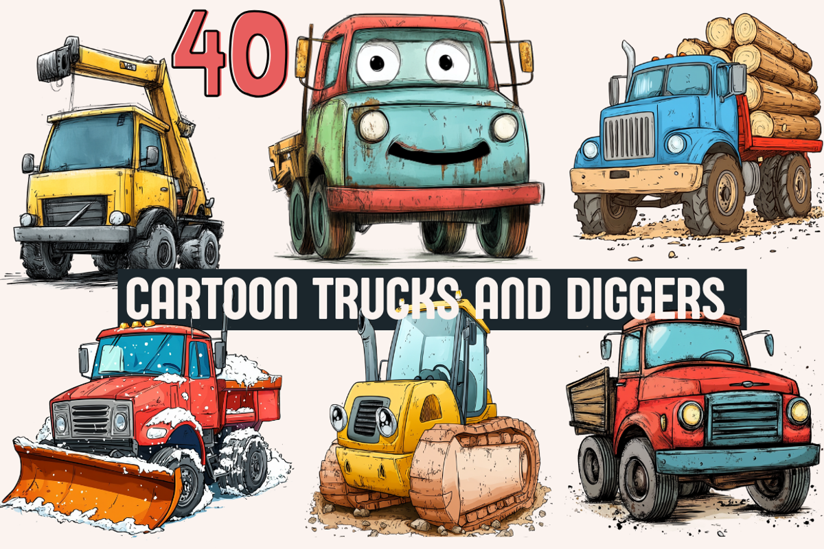 Cartoon Trucks and Diggers, a Transportation Illustration by PrintHaven Designs (Photo 1 of 7)