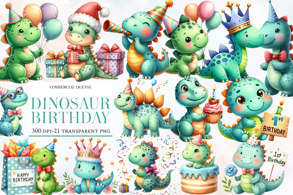 Cute Watercolor Dinosaur Birthday, an Illustration by Designworld (Photo 1 of 6)