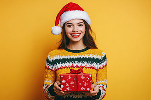 Cute young woman in knitted christmas sweater and santa hat holding in hands gi, a Photo by AlyaAnd
