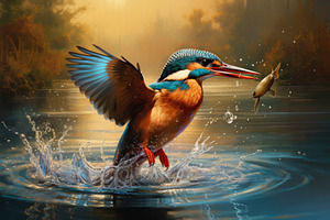 Kingfisher and fish in the water. 3D, a Photo by Iftikhar Alam