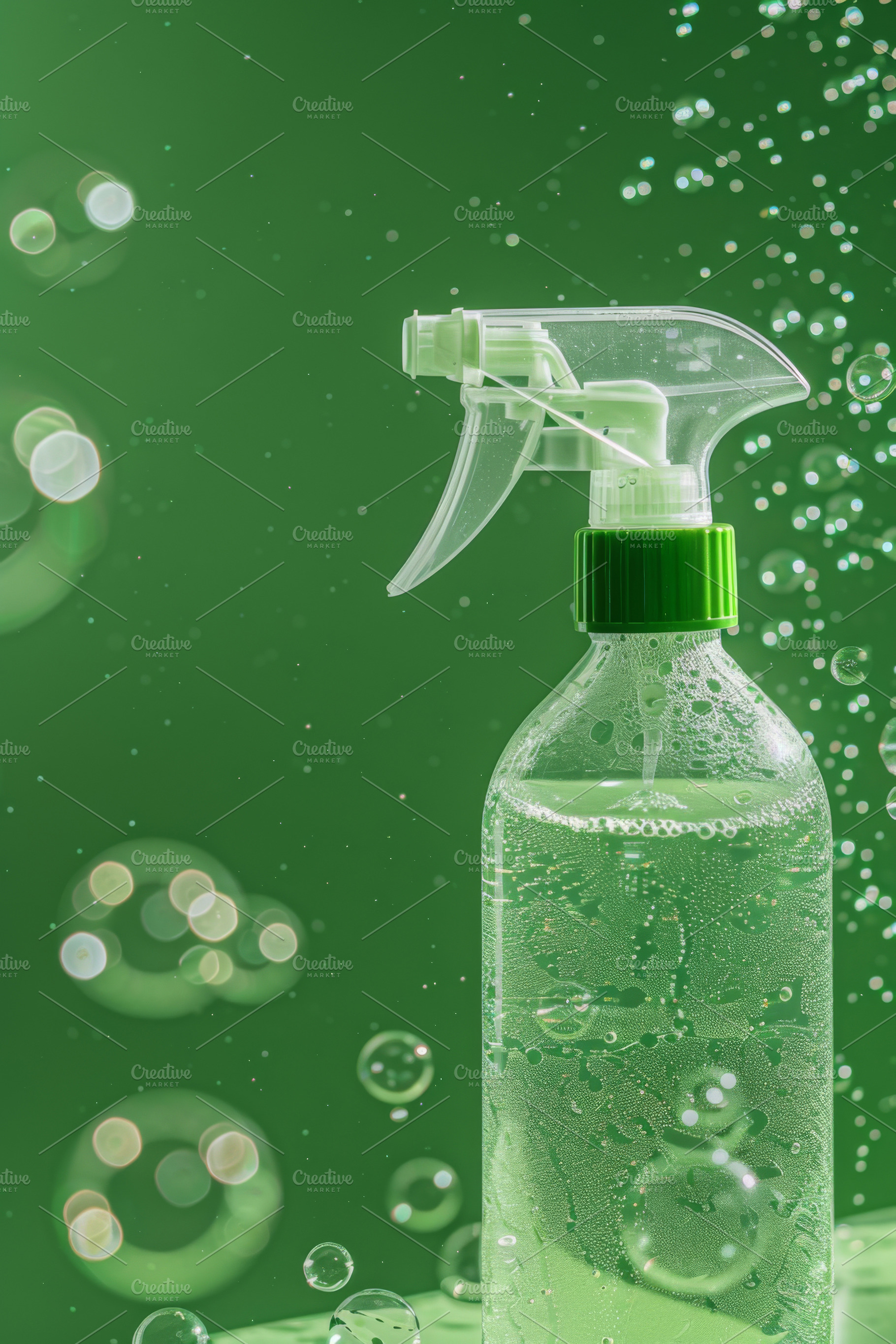 Spray bottle with green liquid and foam on green background, a Photo by Dvoevnore photos