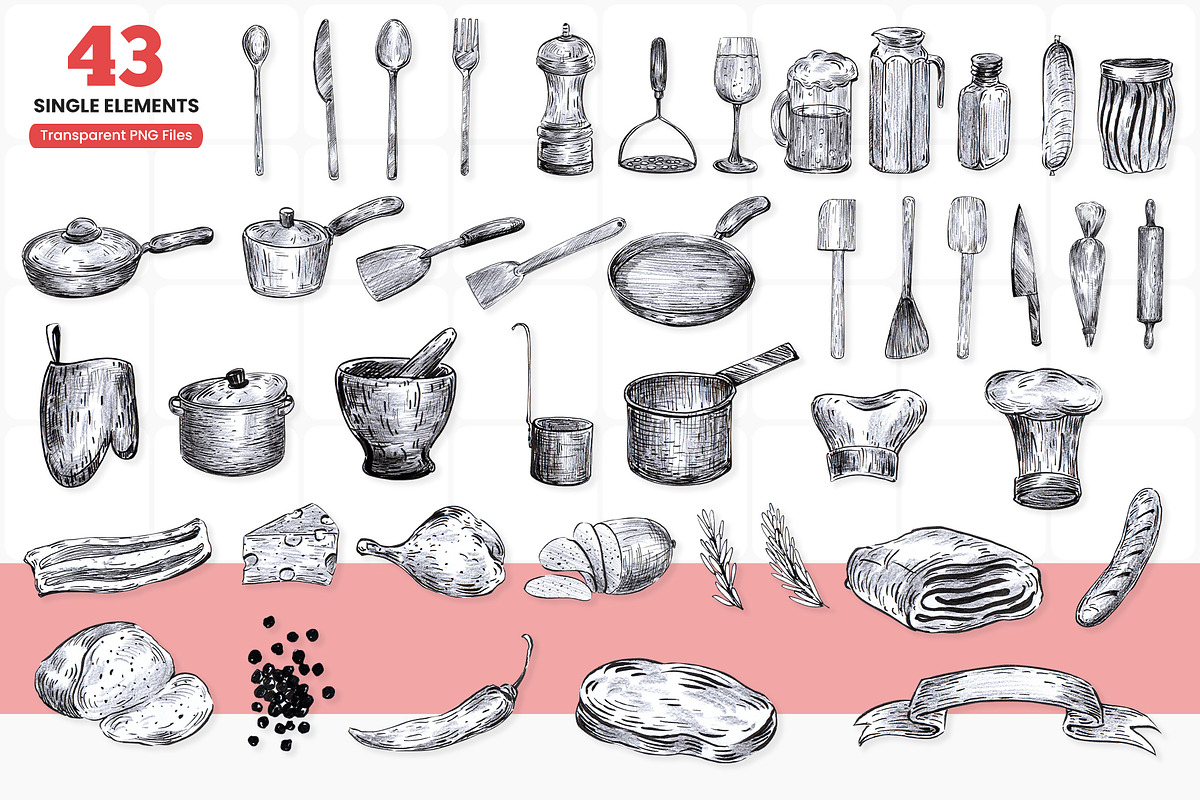 Kitchen tools drawing illustration, a Food Illustration by ...