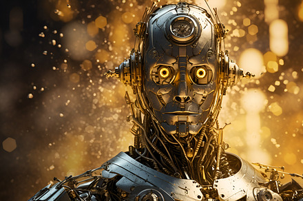 Shining steampunk robot portrait in cinematic style