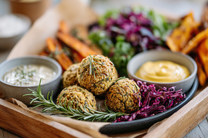 Vegan falafel balls served with, a Food & Drink Photo by MistyDay