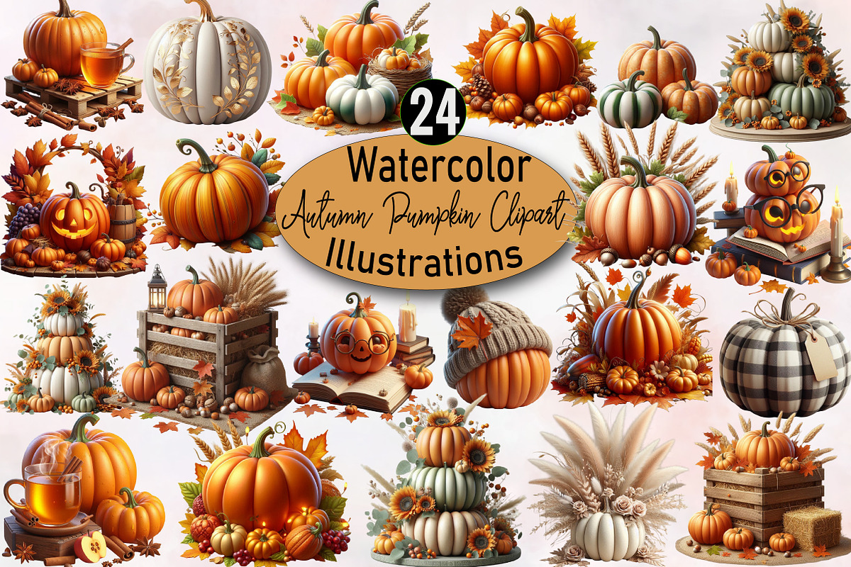 Watercolor Autumn Pumpkin Clipart Bu, an Illustration by SVGArt (Photo 1 of 8)