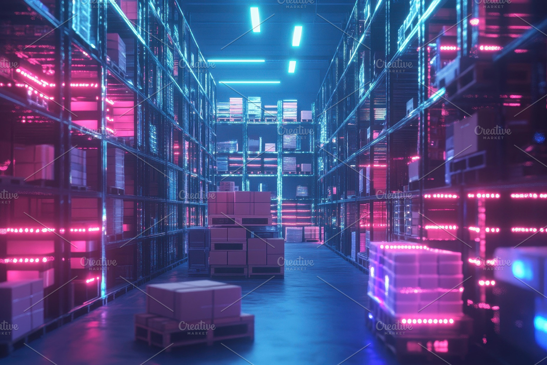 Warehouse filled with colorful light, a Photo by Tanuart