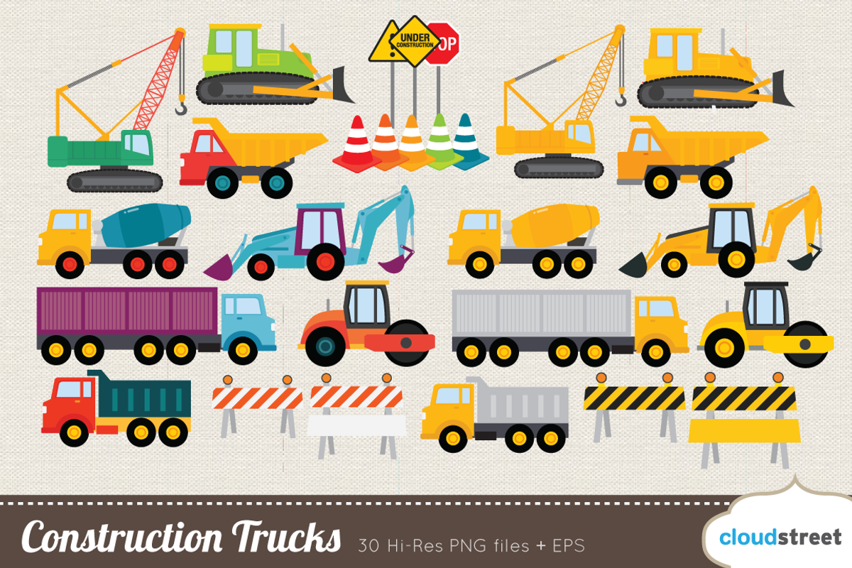 Construction Trucks Clipart, an Illustration by cloudstreetlab