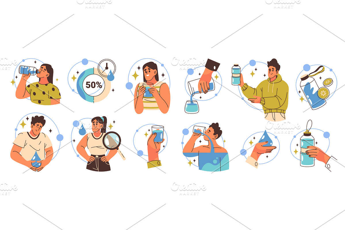Set of water daily routine, drinking, a Healthcare Illustration by Elegant Solution