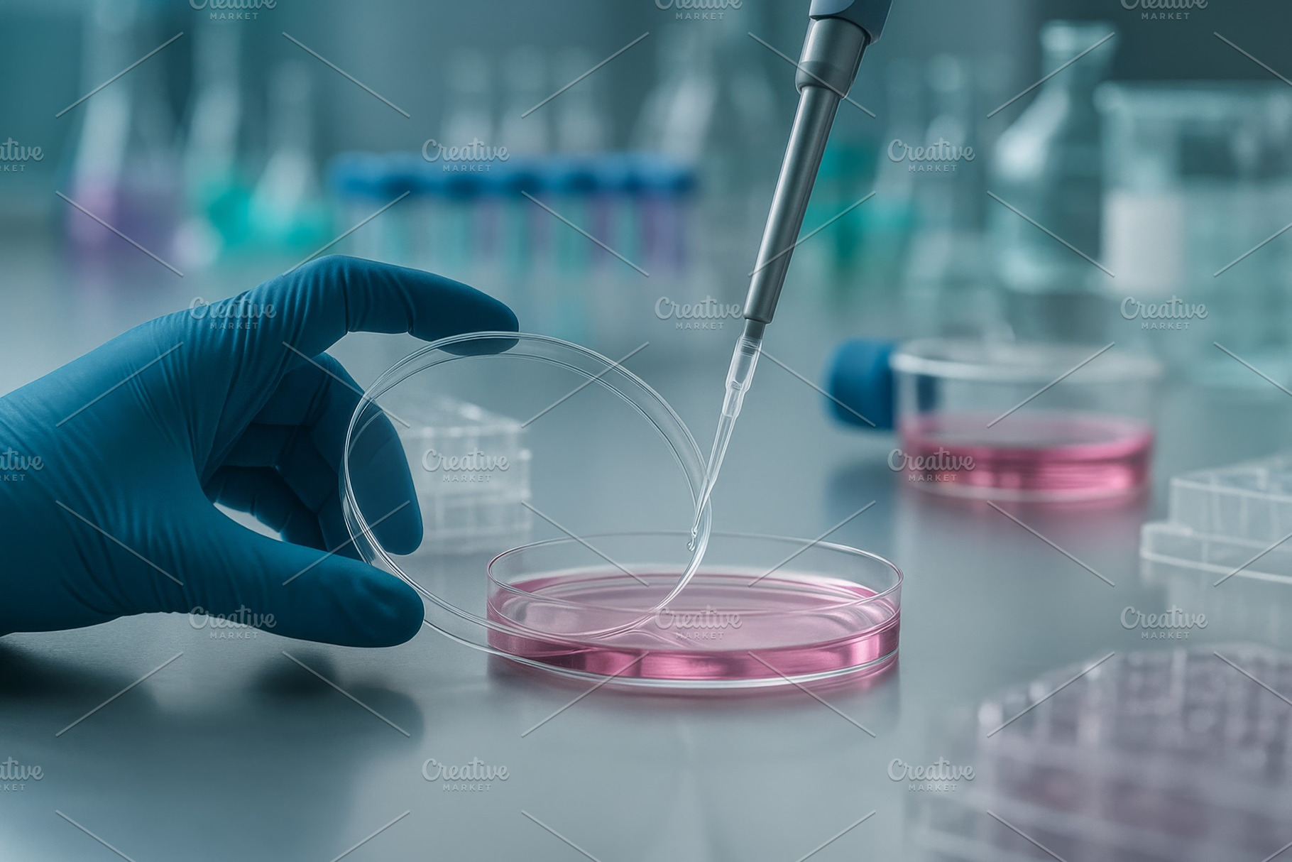 Laboratory scene with microbiologist, a Photo by Dvoevnore photos