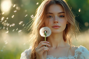 Young woman holding dandelion fluff outdoors during golden hour in a serene nat, a Person Photo by AlyaAnd