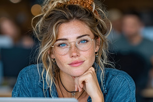 Confident young woman with glasses and freckles smiling thoughtf, a Person Photo by José Manuel Gelpi