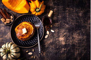 Pumpkin pancakes with maple syrup, a Food & Drink Photo by Yulia Furman
