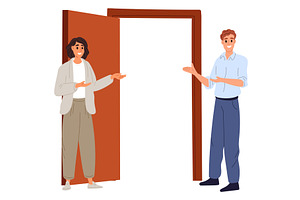 Man and woman invite in open door, a Person Illustration by Vectorbuum