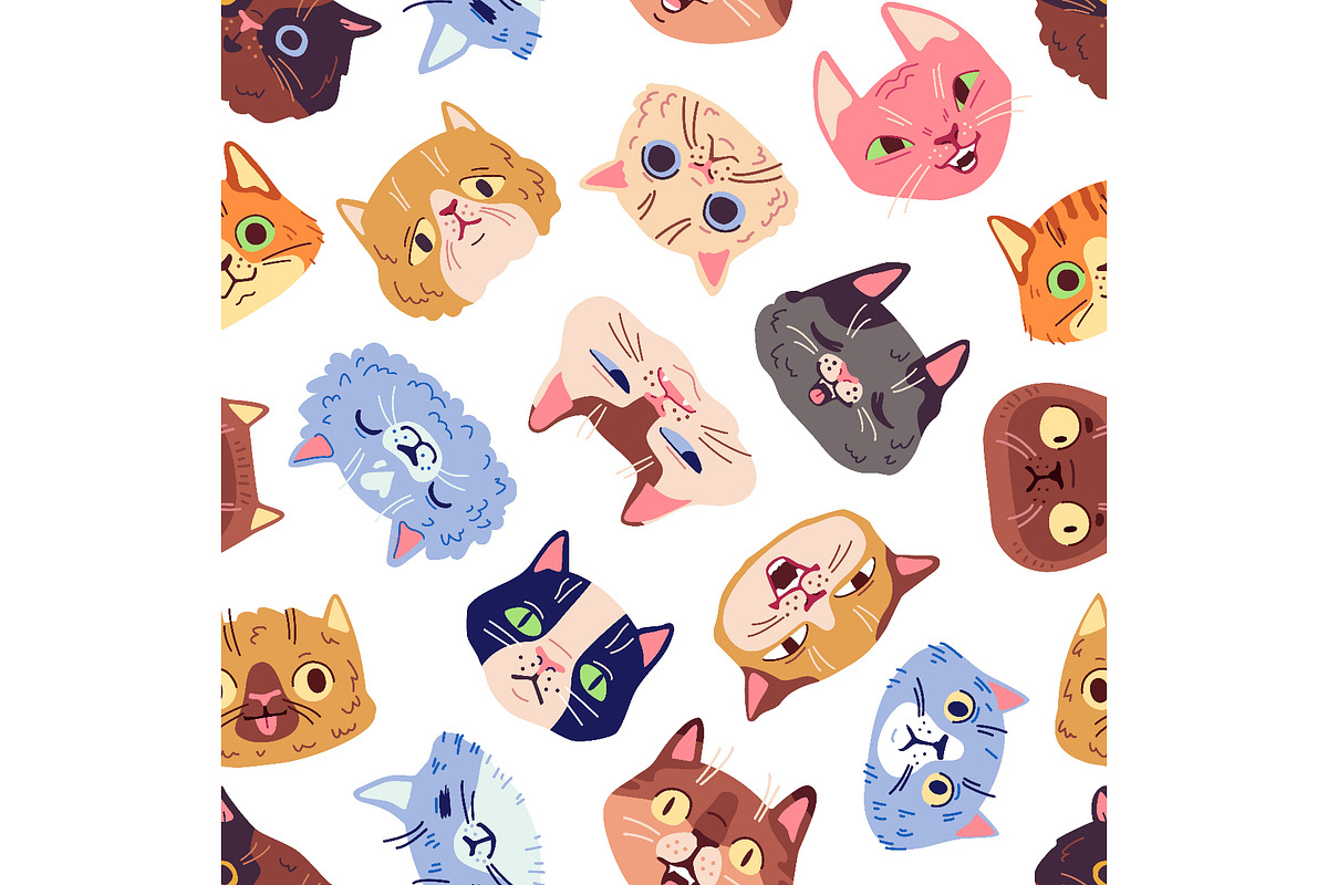 Cartoon cats faces seamless pattern, an Animal Illustration by Ksania