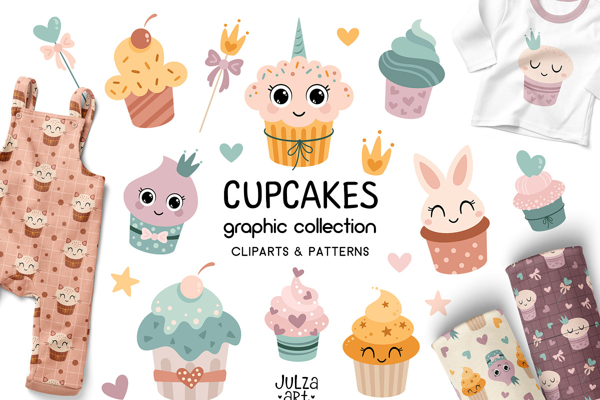 Cupcakes clipart & patterns, a Food Illustration by JulzaArt (Photo 1 of 9)