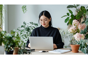 Asian woman working on a laptop in a, a Person Photo by Sergey Kotenev
