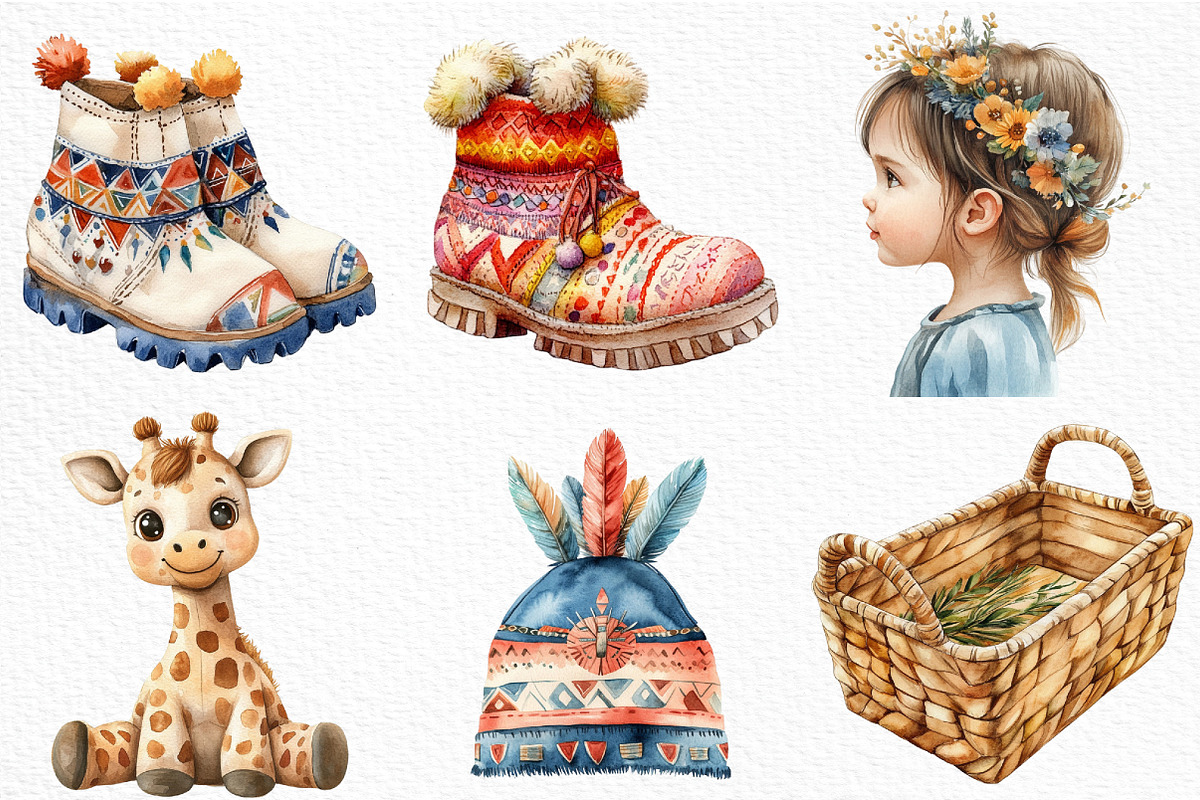 Watercolor Boho Baby Clipart Bundle, an Illustration by Craft Nest (Photo 3 of 6)