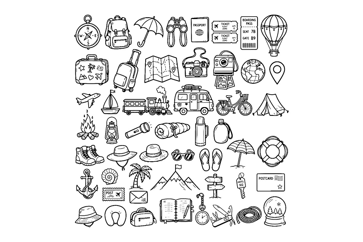 Set of travel outline doodle signs, a Transportation Illustration by Voodz_shop (Photo 1 of 3)