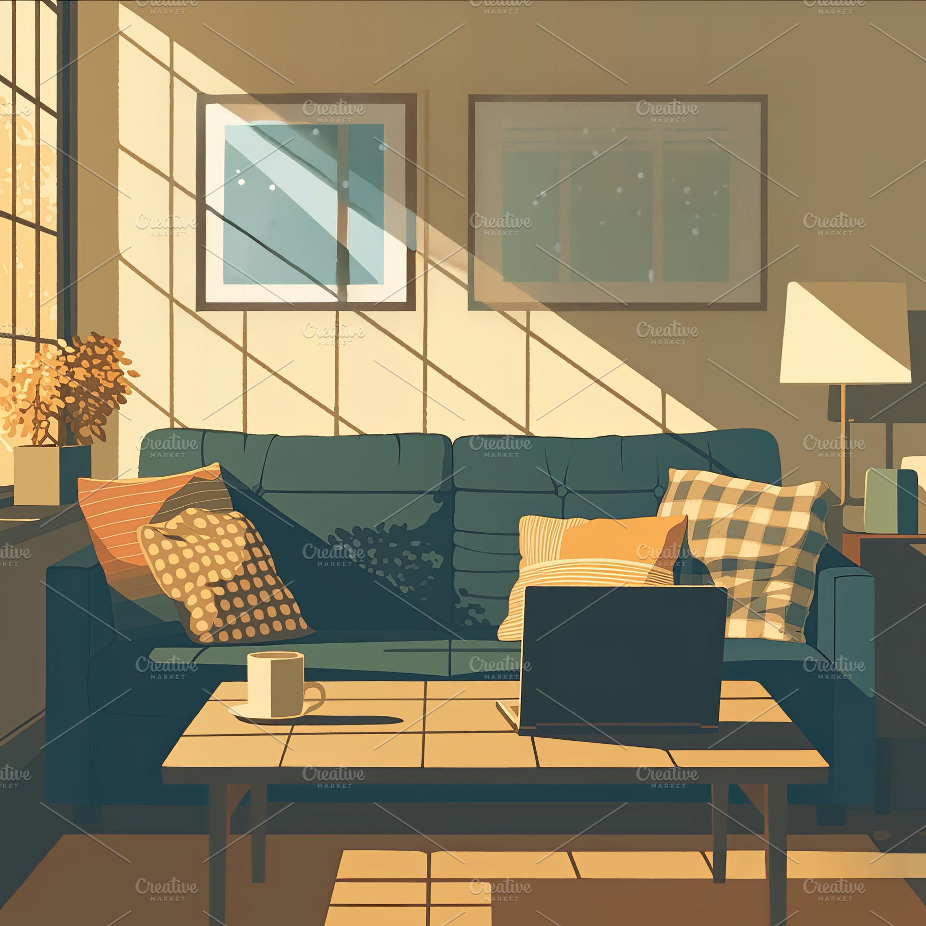 Sunlit living room with cozy decor and a modern working setup, a Photo by AS photostudio