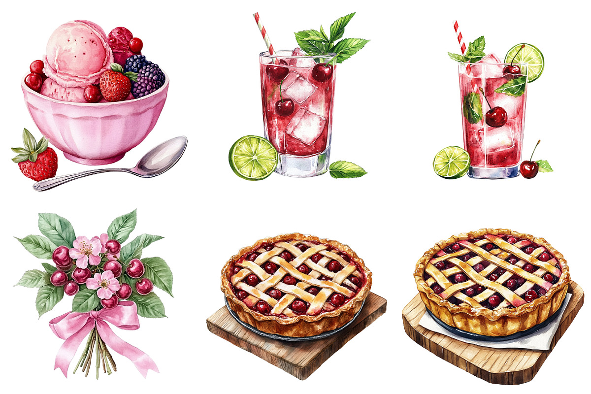 Watercolor Cherry Clipart, a Seasonal Illustration by CitraGraphics (Photo 4 of 8)