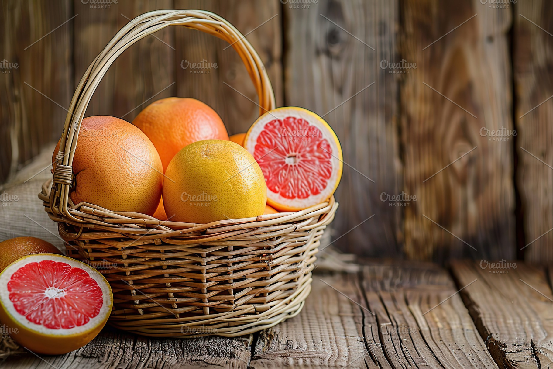 Fresh and tasty grapefruit in basket on wooden background, a Food & Drink Photo by AlyaAnd