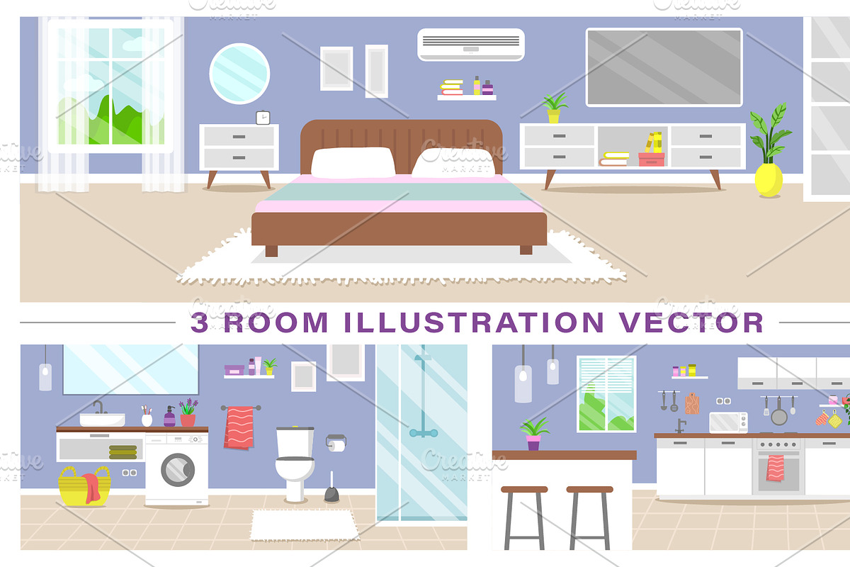 Modern 3 room apartment vector, an Object Illustration by Olena Halahan (Photo 1 of 4)
