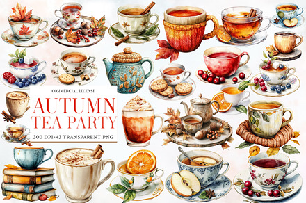 Watercolor Autumn Tea Party Clipart, an Illustration by Designworld