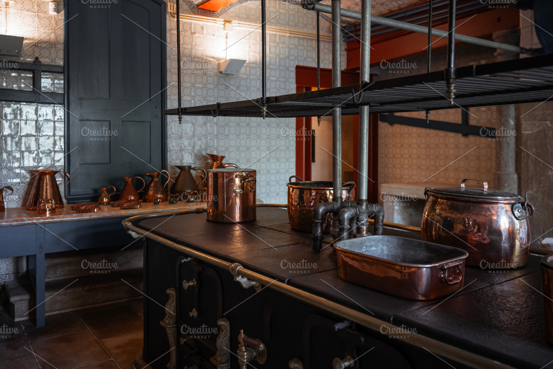 Antique stove with copper cookware, a Food & Drink Photo by SkyNext