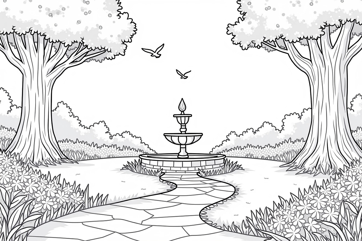 Fountain Garden Park Coloring Pages, an Illustration by Creativeshirt (Photo 7 of 7)