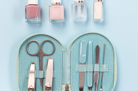 Spa set, manicure or pedicure equipment with nail coat or polish, on blue backg, a Beauty & Fashion Photo by iuliia_n