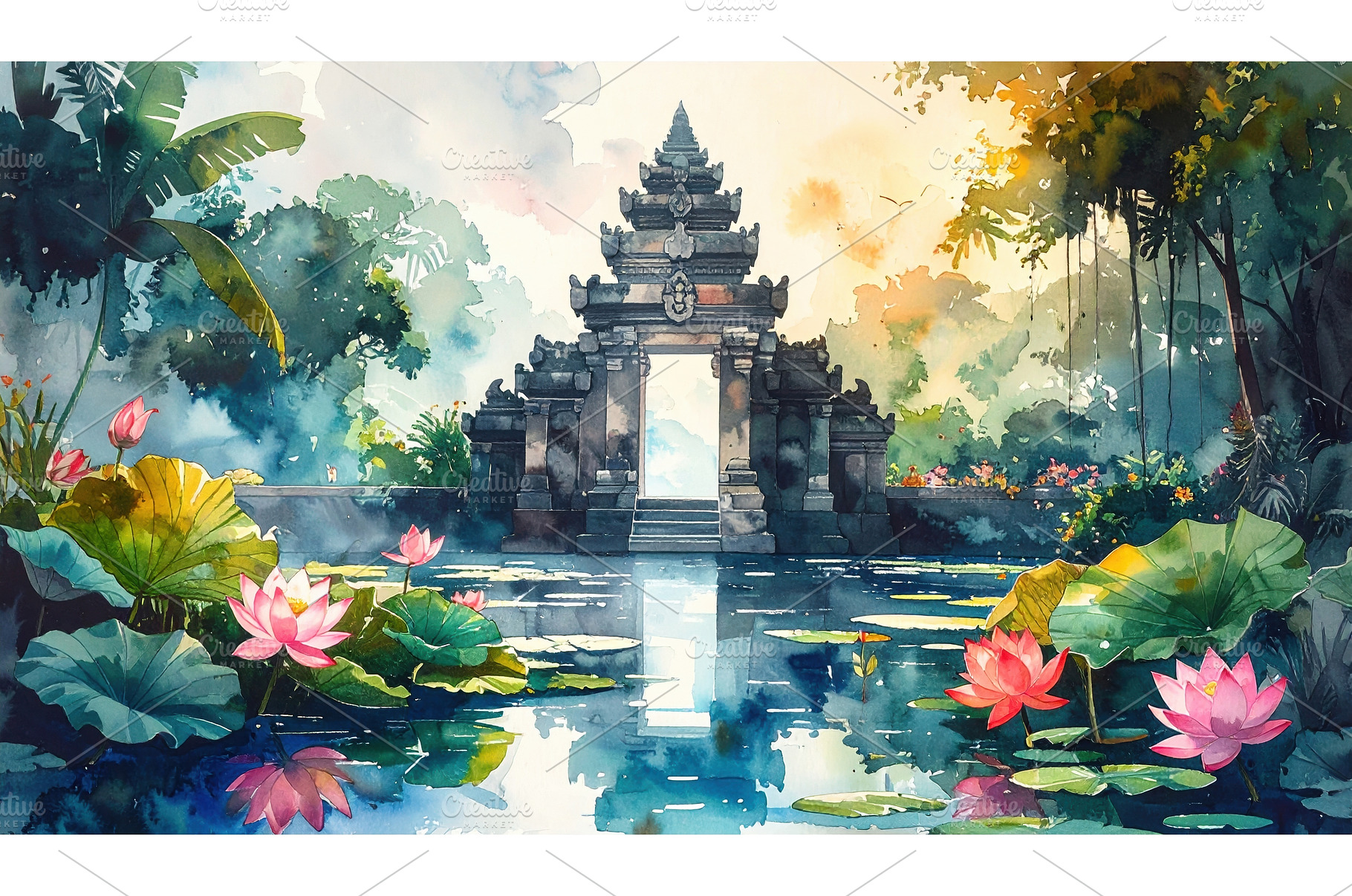 Sacred stone gate rises above lotus, a Nature Photo by Igor Tichonow