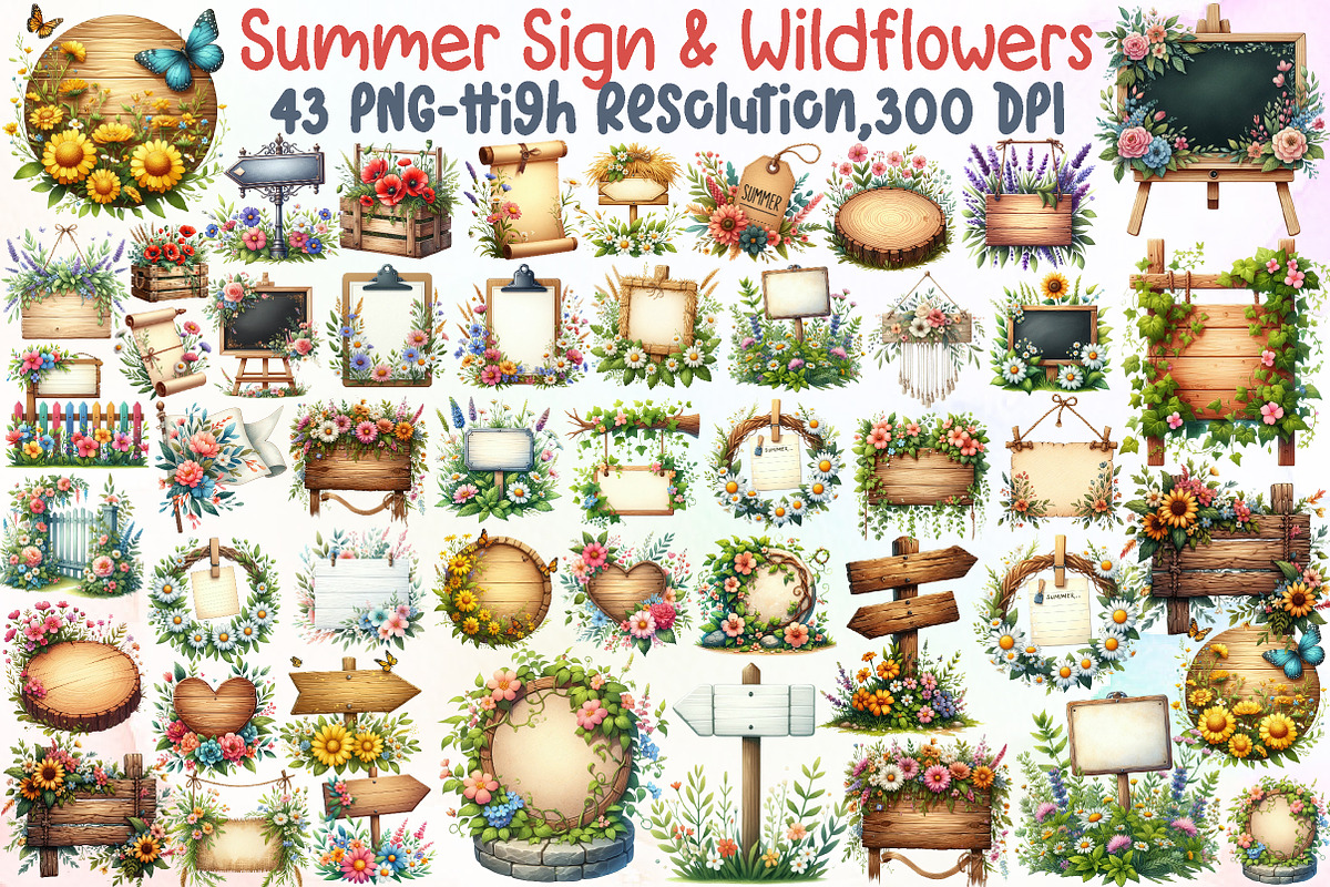 Summer Empty Sign & Wildflowers Clip, an Illustration by Sublimation Artist (Photo 1 of 6)