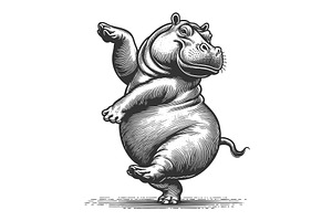 Dancing Hippopotamus engraving, an Animal Illustration by AlexArt
