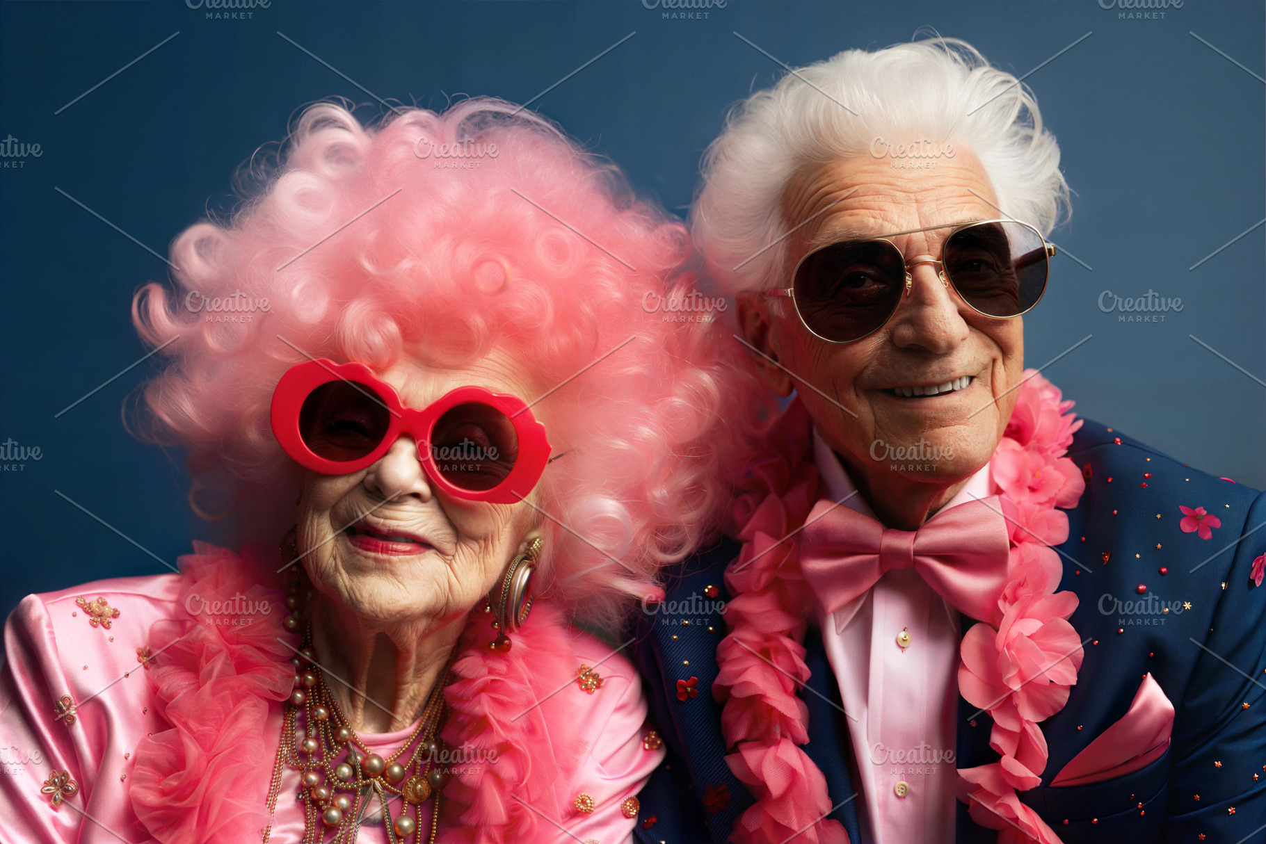 Elderly couple in vibrant attire with pink accessories and sunglasses., a Person Photo by ImageMir