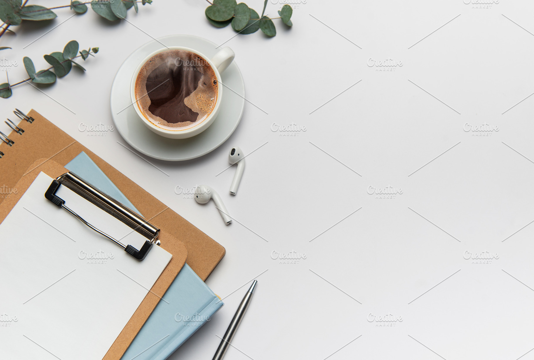 Eucalyptus, coffee cup, clipboard, notebook, pen, and wireless h, a Business Photo by Olena Rudo