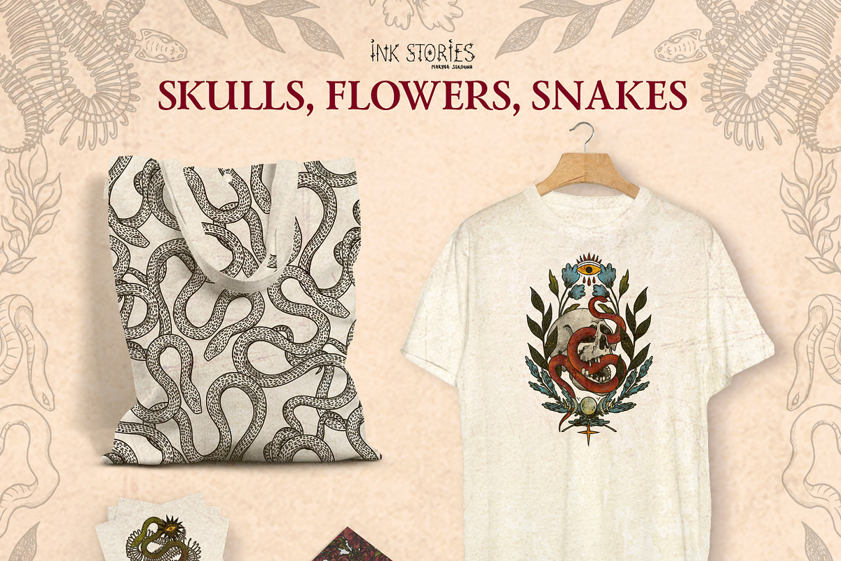 Skulls, Flowers and Snakes | Vintage, a Decorative Illustration by Ink Stories (Photo 12 of 12)