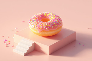 Colorful donut with pink icing and sprinkles, a Food & Drink Photo by AlyaAnd