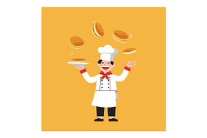 Cheerful chef in white uniform perfo, an Illustration by designvectx