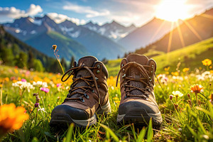 Mountain Hiking Boots in Alpine Meadow Sunrise, a Sports & Recreation Photo by Davizro's Market