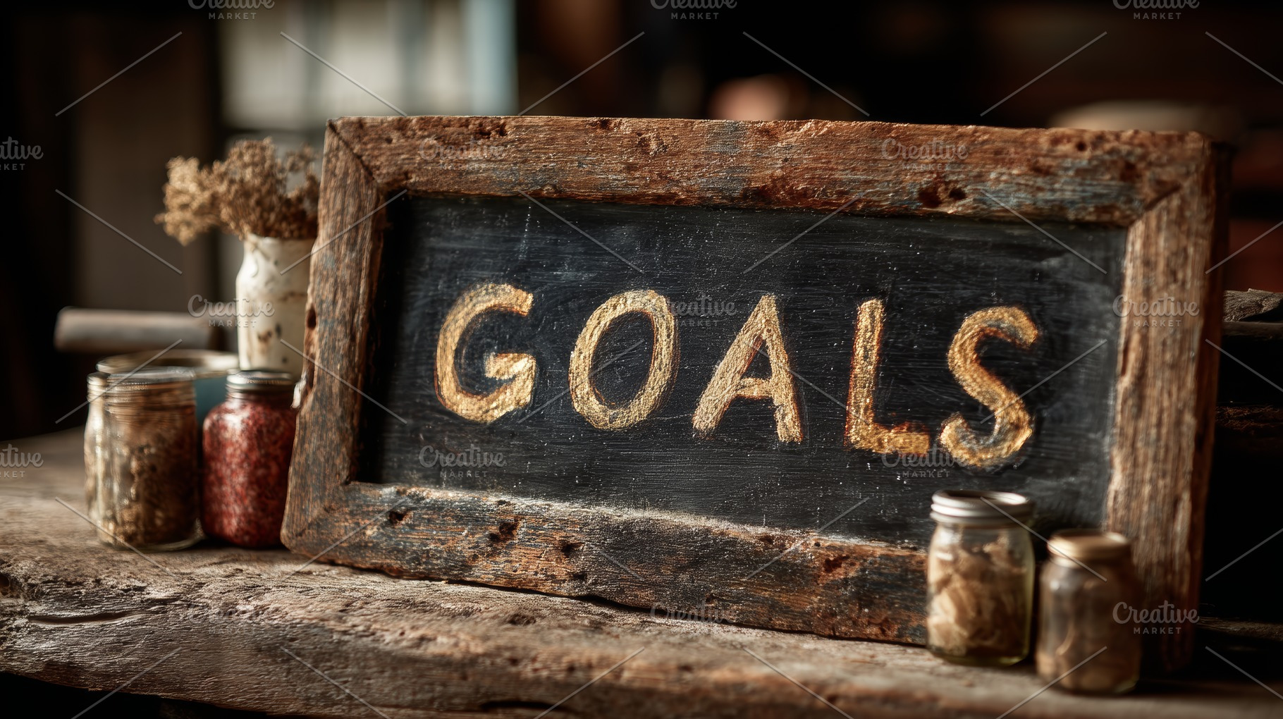 Rustic framed chalkboard displaying the word goals on a wooden table, a Photo by AS photostudio