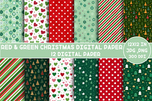 Red & Green Christmas Digital Paper, an Illustration by Designking