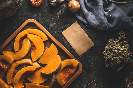 Pumpkin slices on baking sheet, a Food & Drink Photo by VICUSCHKA
