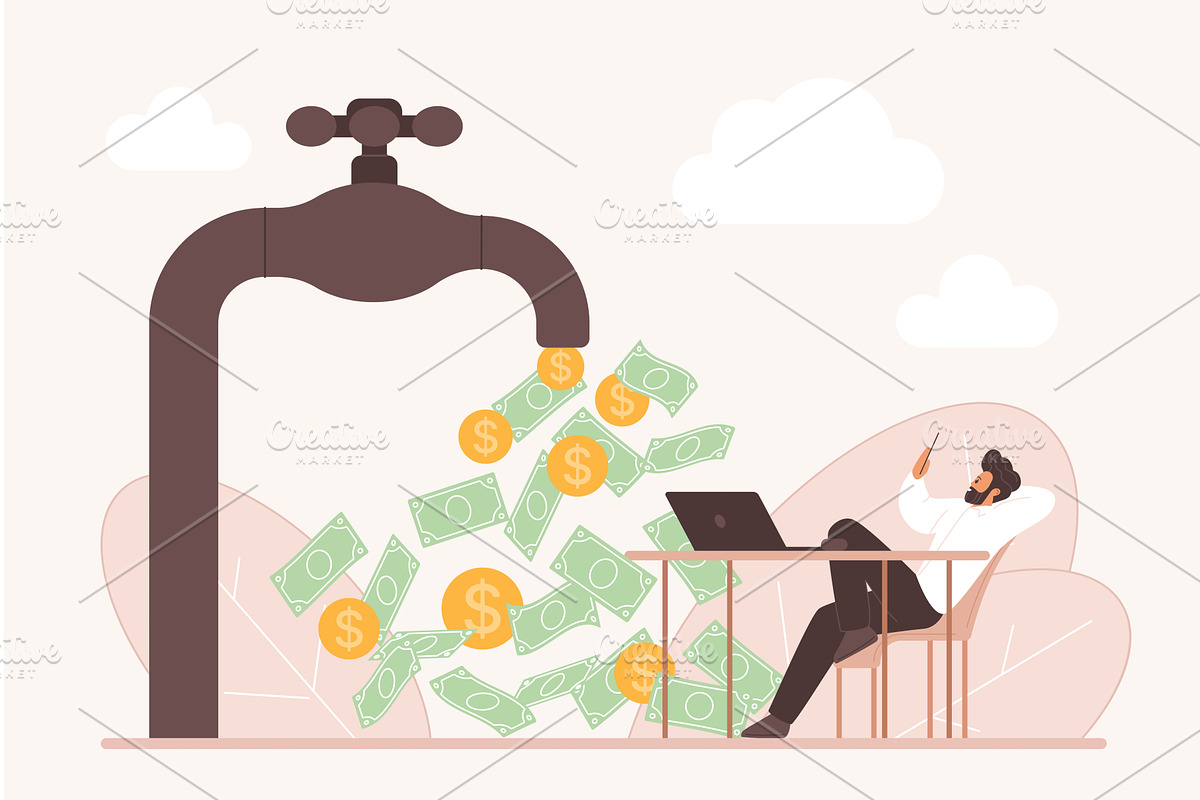 Passive Income Faucet Money Flow, a Finance Illustration by Lemberg Vector