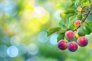 Ripe plums hanging from branch surro, a Photo by Iftikhar Alam