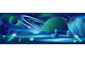 Alien planet in outer space with, an Illustration by Flashvector