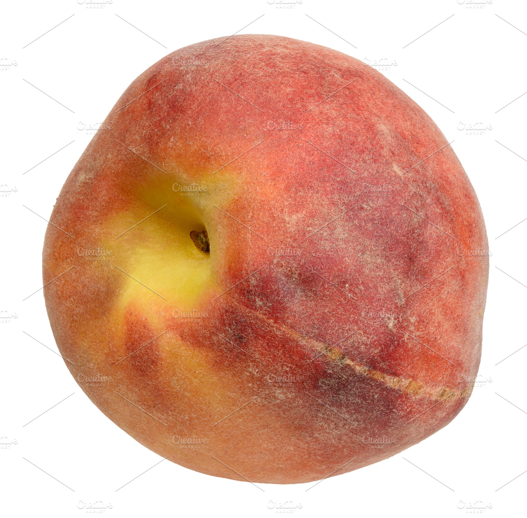 Large ripe peach with velvety red and yellow skin on an isolated, a Food & Drink Photo by ndanko